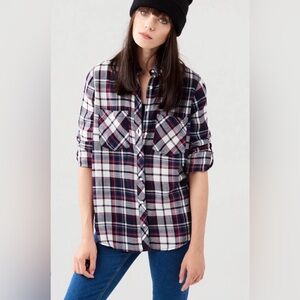 Plaid button-down top size L Jacks Girlfriend (1 button missing from R sleeve)